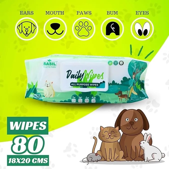 BASIL Royal Yet Noble Daily Pet Wipes – 80-Pack Gentle Grooming Wipes for Dogs, Cats & Puppies | Enriched with Aloe Vera, Vitamin E & Castor Oil – Non‑Toxic, Hypoallergenic image 1