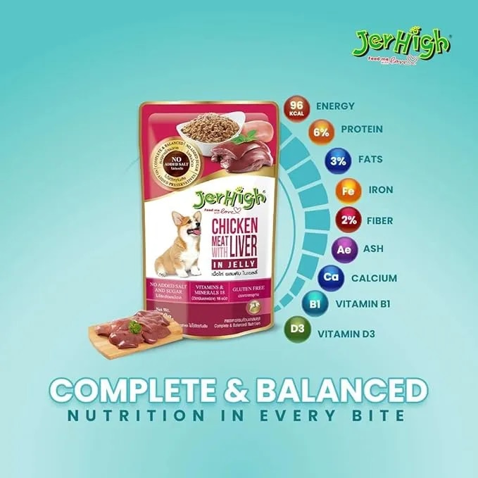 Jerhigh Chicken with Liver in Jelly Dog Food 130g , Made with Real Meat, 100% Complete & Balanced Meal for Adult Dogs - Sold by DogsNCats image 1