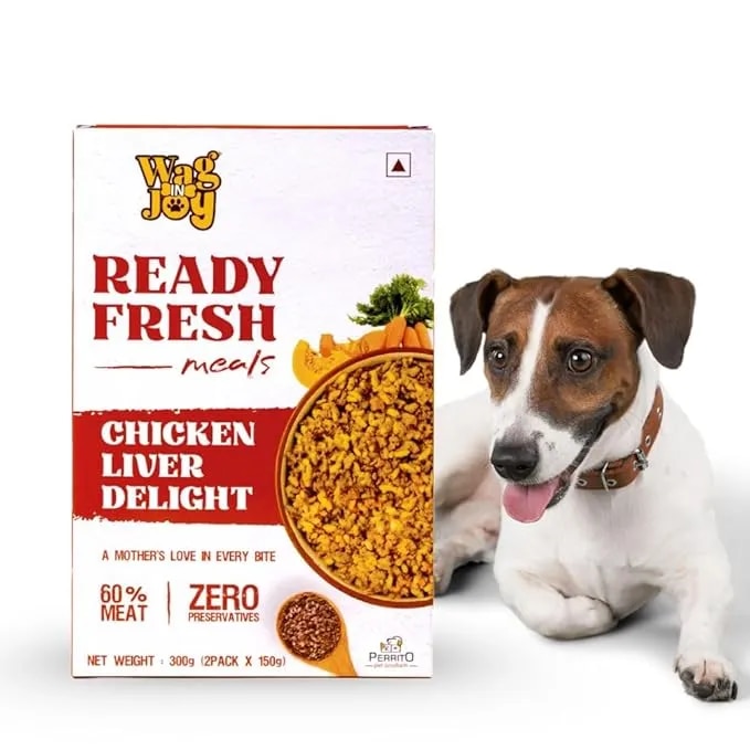 WAG IN JOY Ready Fresh Meals for Dogs | 60% Chicken Meat,Chicken Liver,Rice,Carrot and Pumpkin Paste with Flax Seed | 300 GMS,2 Pouches of 150G Each| (Pack of 1, Chicken Liver Delight) image 1