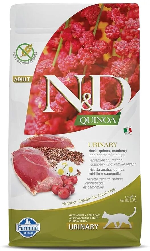 Farmina N&D Quinoa Urinary Cat Food | Grain-Free | Duck, Quinoa, Cranberry & Chamomile | Supports Urinary Health | for Adult Cats | 1.5kg image 1