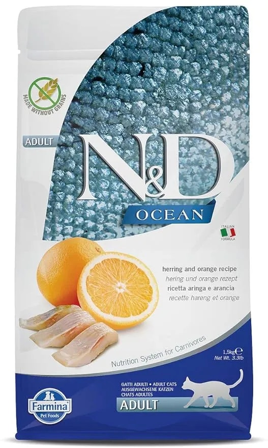 Farmina N&D Ocean Herring & Orange Cat Food | Premium Dry Food | Rich Source of Omega Fatty acids, Low Glycemic | Complete & Balanced Nutrition | for Adult Cats | 1.5kg image 1