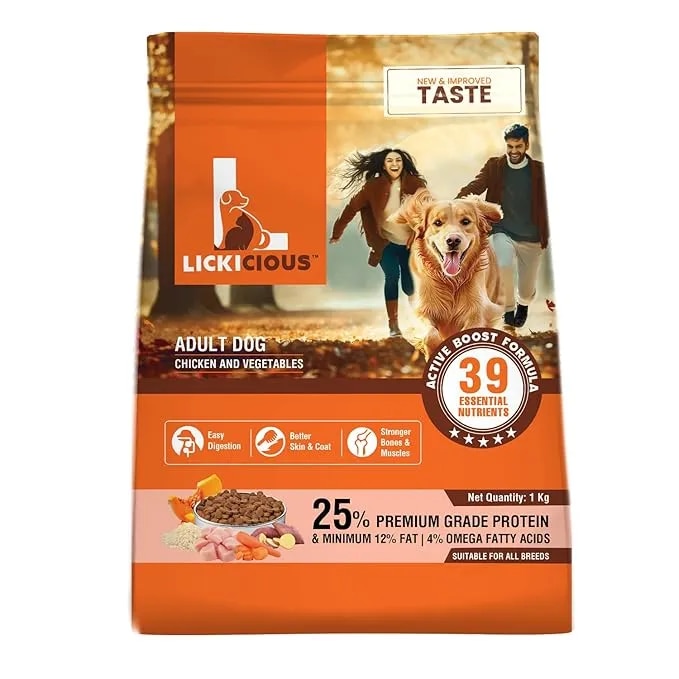 LICKICIOUS Dry Dog Food Adult 1kg | High Protein Chicken, Rice, Vegetables | 39 Essential Nutrients | Healthy Skin Shiny Coat, Strong Bones & Muscles| Complete Balanced Pure Pet Food for Pedigree Dogs image 1