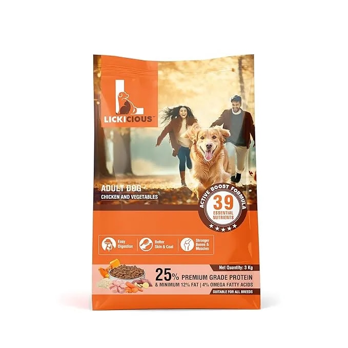 LICKICIOUS Dry Dog Food Adult 3kg | High Protein Chicken, Rice, Vegetables | 39 Essential Nutrients | Healthy Skin Shiny Coat, Strong Bones & Muscles| Complete Balanced Pure Pet Food for Pedigree Dogs image 1