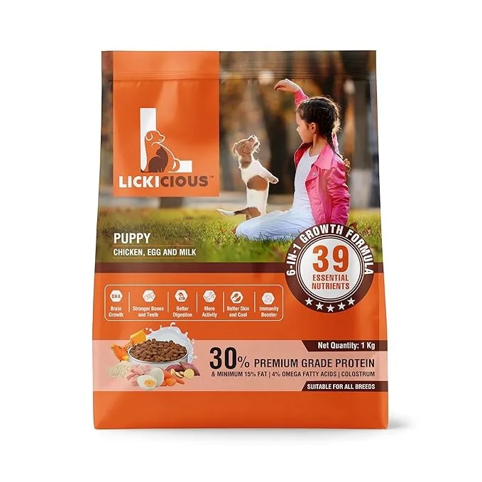 LICKICIOUS Dry Dog Food Puppy 1kg | High Protein Chicken, Rice, Egg, Milk | 39 Essential Nutrients | Healthy Skin Shiny Coat, Strong Bone & Muscles | Complete Balanced Pure Pet Food for Pedigree Dogs image 1