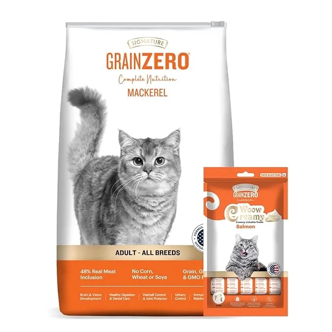 Grain Zero Mackerel, Dry Cat Food, 1.2 Kg + 75gm Creamy Treat, No Grain Formula,Gluten-Free, GMO-Free, 48% Fresh Fish Inclusion, Taurine for Heart, Promotes Healthy Skin & Coat, Adult All Breeds image 1