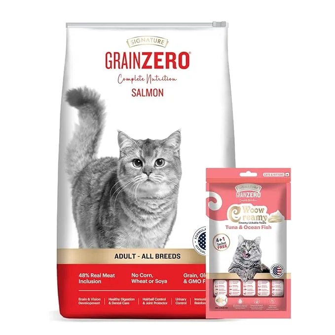 Grain Zero Salmon, Dry Cat Food, 1.2 Kg + 75gm Creamy Treat, No Grain Formula, Gluten-Free, GMO-Free, 48% Fresh Fish Inclusion, Taurine for Heart, Promotes Healthy Skin & Coat, Adult All Breeds image 1