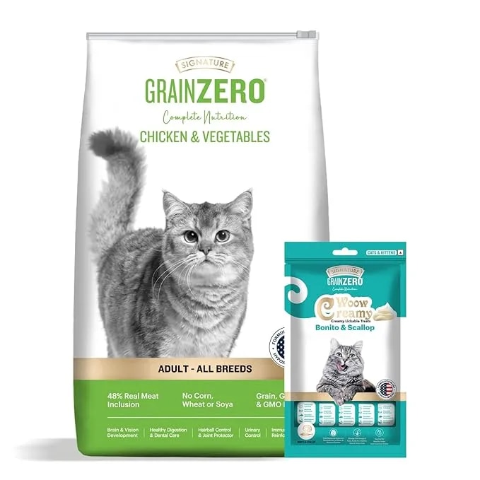 Grain Zero Chicken & Veg, Dry Cat Food 1.2 kg + 75gm Creamy Treat, No Grain Formula, Gluten-Free, GMO-Free, 48% Fresh Fish Inclusion, Taurine for Heart, Promotes Healthy Skin & Coat, Adult All Breeds image 1