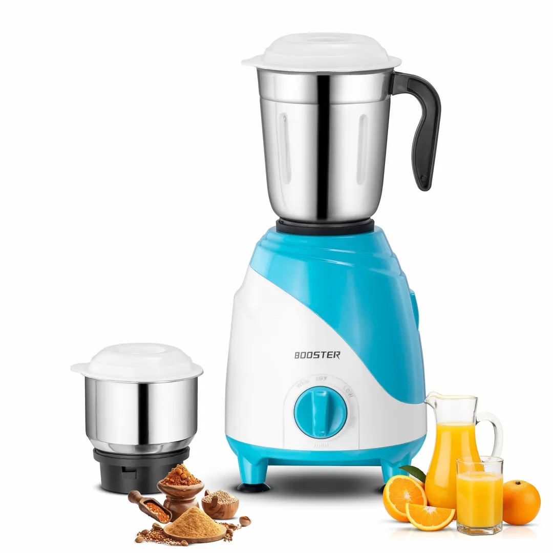BOOSTER 550W Mixer Grinder with 3 Jars, White and Blue. Powerful Motor for Mixing, Grinding and Blending image 1
