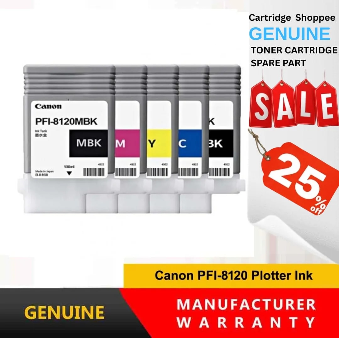 Canon PFI-8120 Genuine Plotter Ink Cartridge (MBK, M, Y, C, BK) Combo – 130ml Pigment Ink for Canon TM5200, TM5205, TM5300, TM5305 And GM Series Plotter image 1