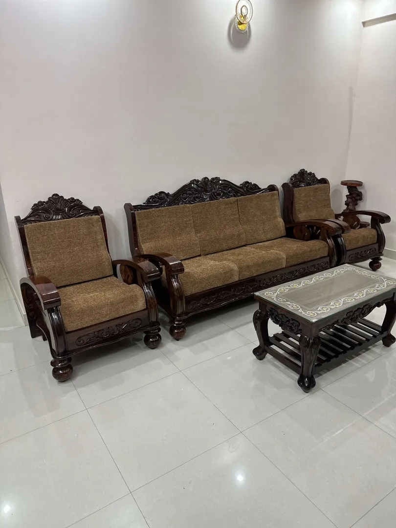 Classic Hand-Carved Rosewood Sofa Set – Brown Upholstery image 1