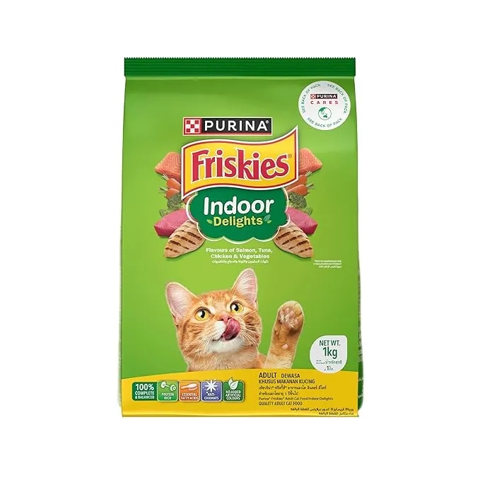 FRISKIES, Purina Indoor Delights Adult Dry Cat Food, 1 kg, Contains Salmon, Tuna, Chicken and Vegetables Flavours image 1