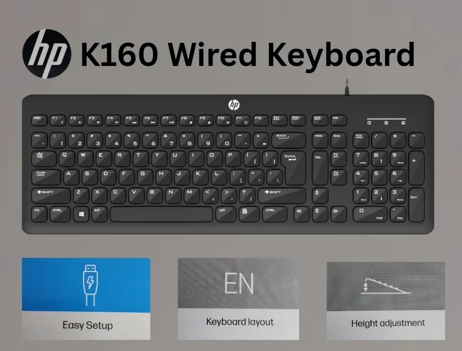 HP K160 Wired Keyboard with USB Connectivity, Spill-Resistant Design, Adjustable Height & Full-Size Layout (Black) image 1