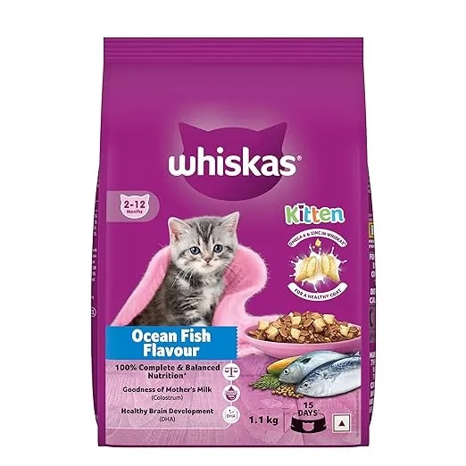 Whiskas Junior Mother Cat & Kitten (2-12 Months) Dry Cat Food, Ocean Fish Flavour, 1.1 kg image 1