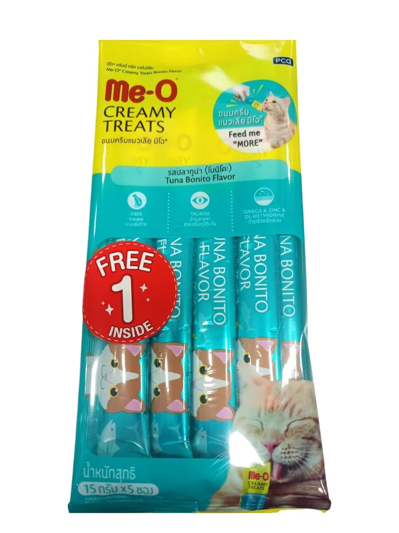 Me-O Creamy Cat Treats Tuna Bonito Flavour 15gm (4 sticks 1 free)) image 1