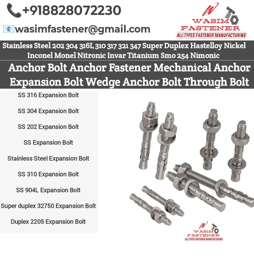 Stainless Steel Expansion Bolt – SS 202 / SS 304 / SS 316 / SS 310 / SS 904L / Duplex 2205 / Super Duplex 32750 | Concrete Anchor Fastener with Nut & Washer image 1