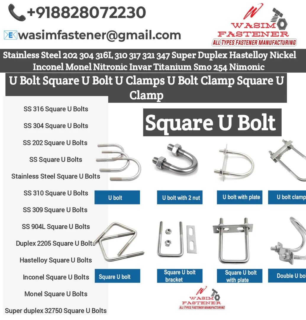 Stainless Steel Square U Bolts – SS 202 / SS 304 / SS 316 / SS 310 / SS 309 / SS 904L / Duplex 2205 / Super Duplex 32750 / Hastelloy / Inconel / Monel | Pipe & Structural Support Fasteners with Nuts & Washers image 1