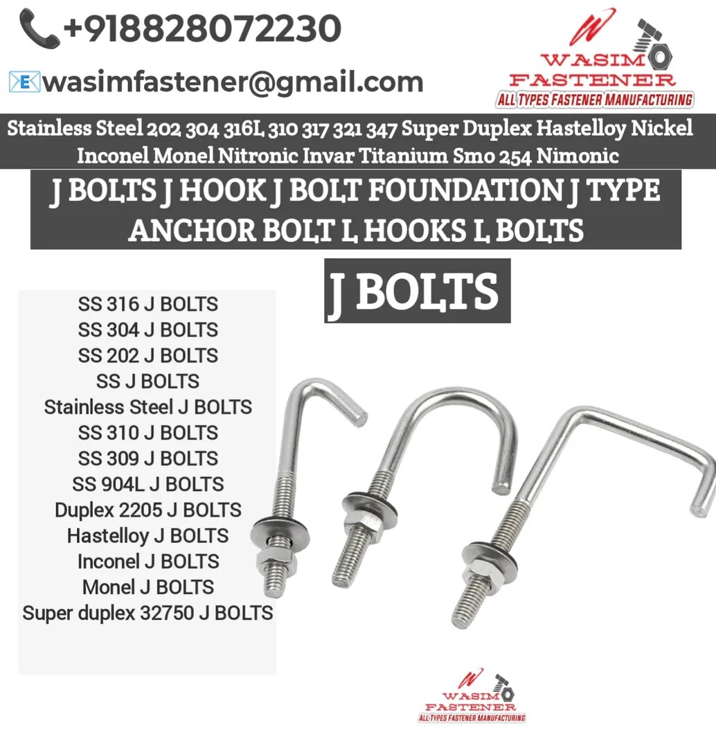 Stainless Steel J Bolts – SS 202 / SS 304 / SS 316 / SS 310 / SS 309 / SS 904L / Duplex 2205 / Super Duplex 32750 / Hastelloy / Inconel / Monel | Pipe Support & Structural Foundation Fasteners with Nut & Washer image 1