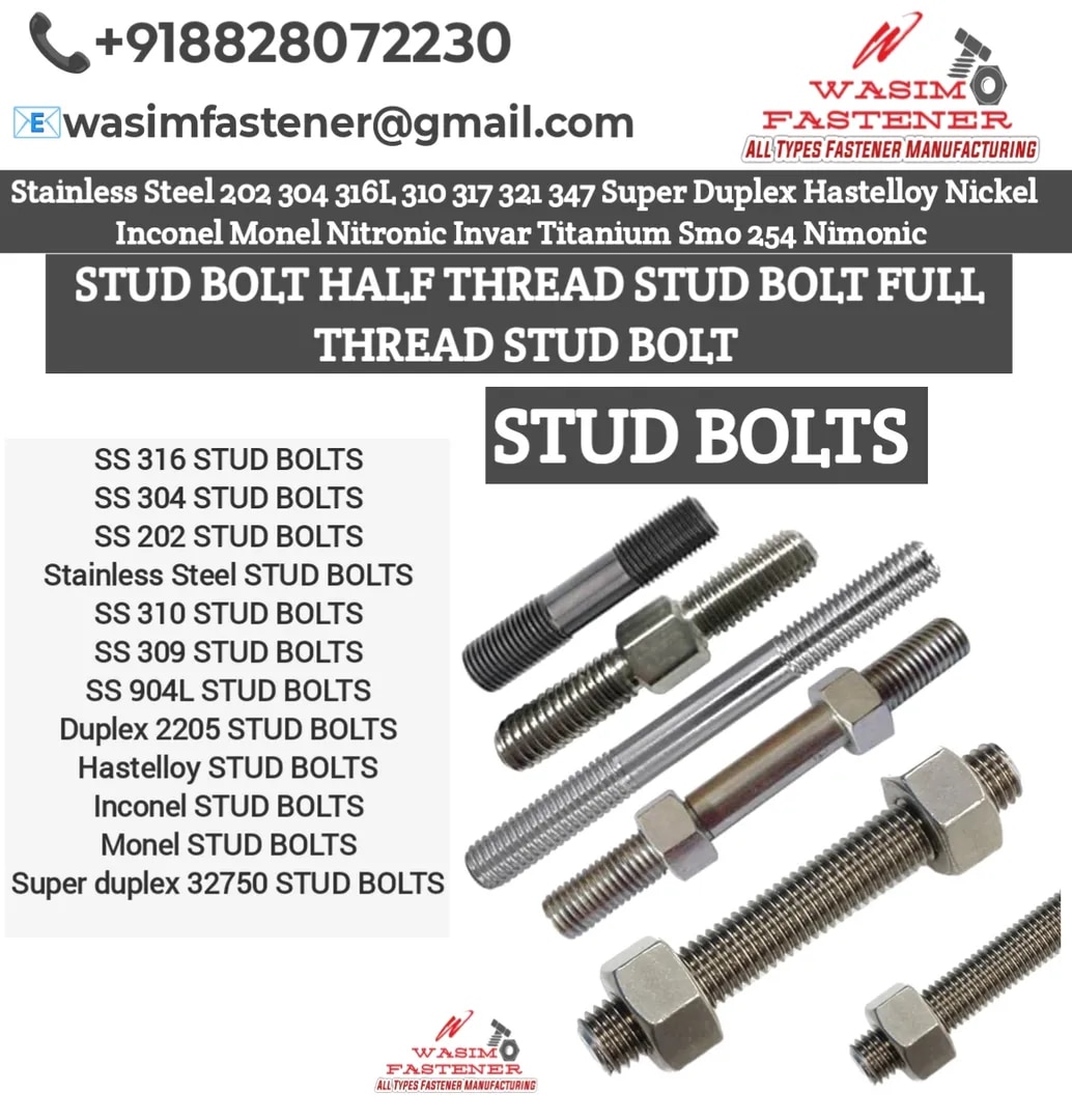 Stainless Steel Stud Bolts – SS 202 / SS 304 / SS 316 / SS 310 / SS 309 / SS 904L / Duplex 2205 / Super Duplex 32750 / Hastelloy / Inconel / Monel | Threaded Studs with Nuts & Washers
image 1