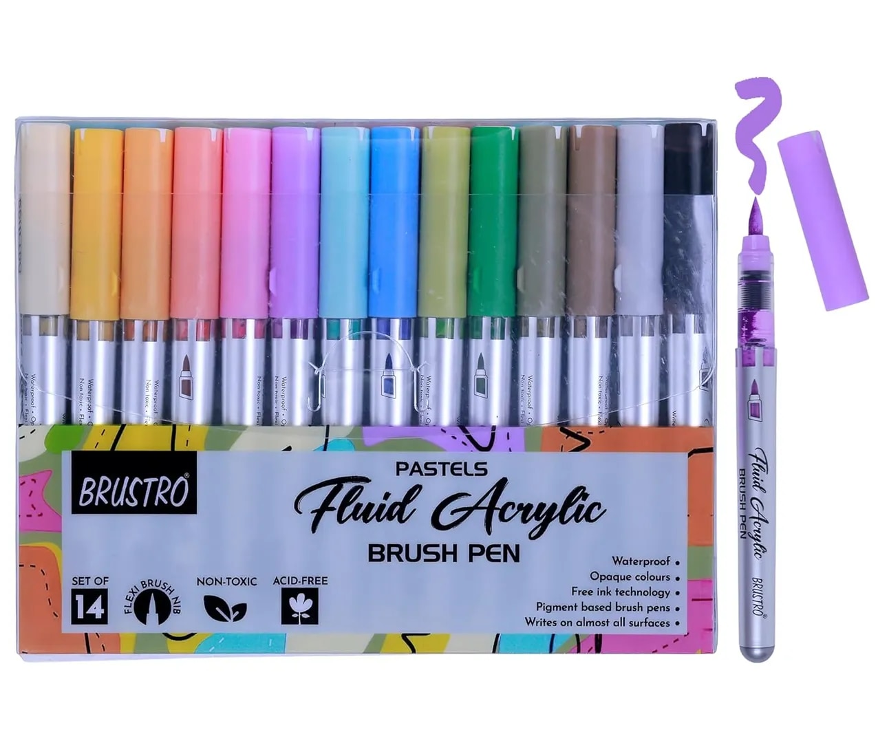 BRUSTRO Fluid Acrylic Brush Pen | Set of 14 Pastel Shades | Waterproof,Opaque Colors,Non-Toxic image 1
