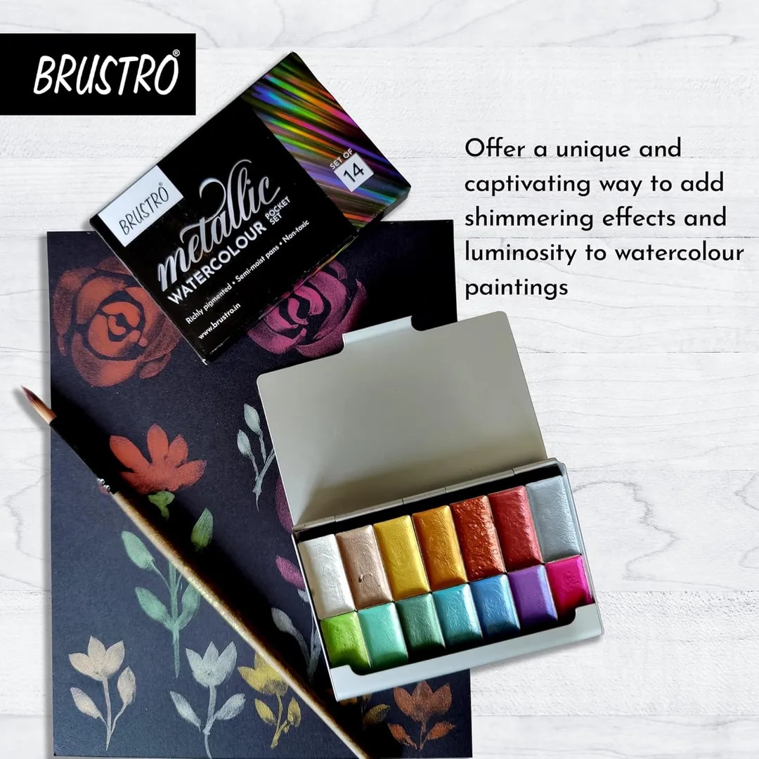 BRUSTRO Artists Metallic Watercolour Pocket Set of 14 Half Pans |Semi Moist Pans image 1