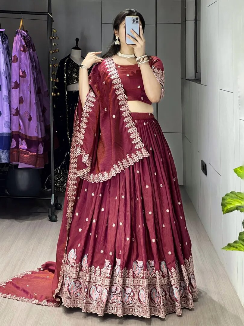 Classical Burgandy Embroidery Lehenga Set image 1