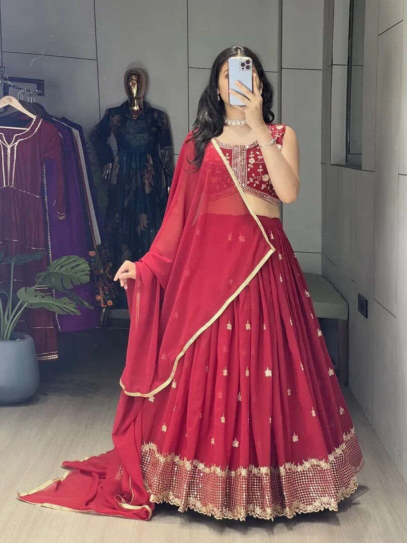 Maroon Embroidery Fully Stitched Lehenga Set image 1