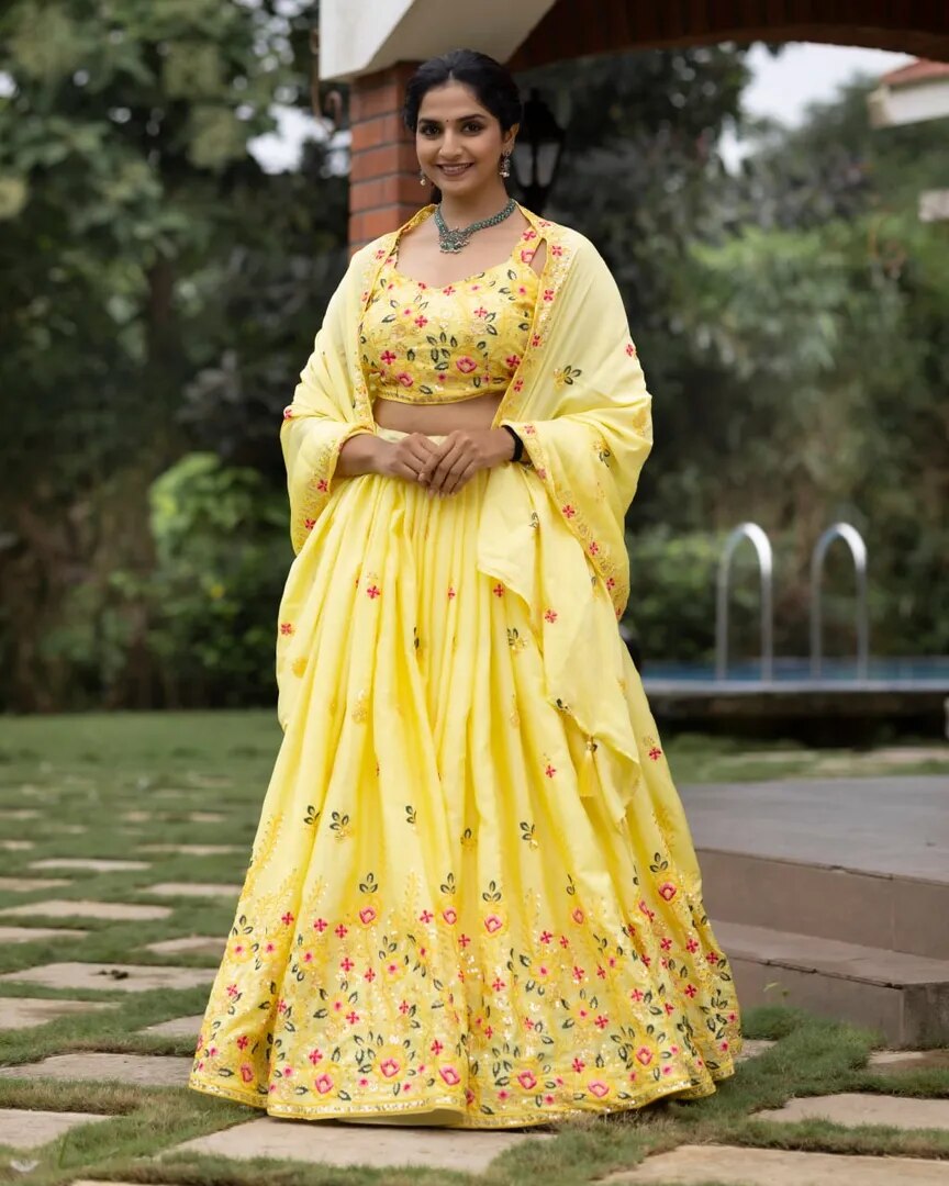 Classical Yellow Embroidery Lehenga Set image 1