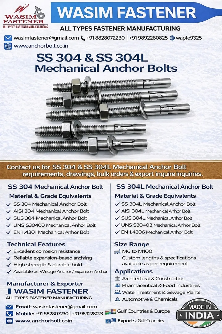 SS 304 & SS 304L Mechanical Anchor Bolts Manufacturer | Stainless Steel Anchor Fasteners Supplier image 1