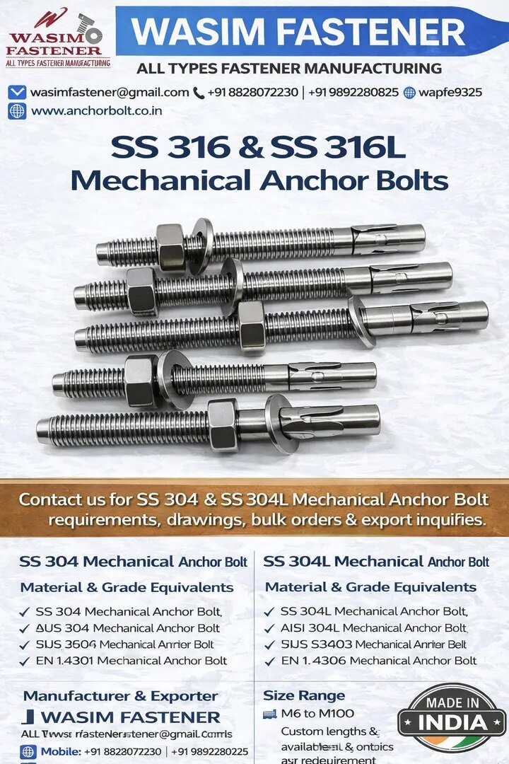 SS 316 & SS 316L Mechanical Anchor Bolts Manufacturer | Stainless Steel Anchor Fasteners Supplier image 1