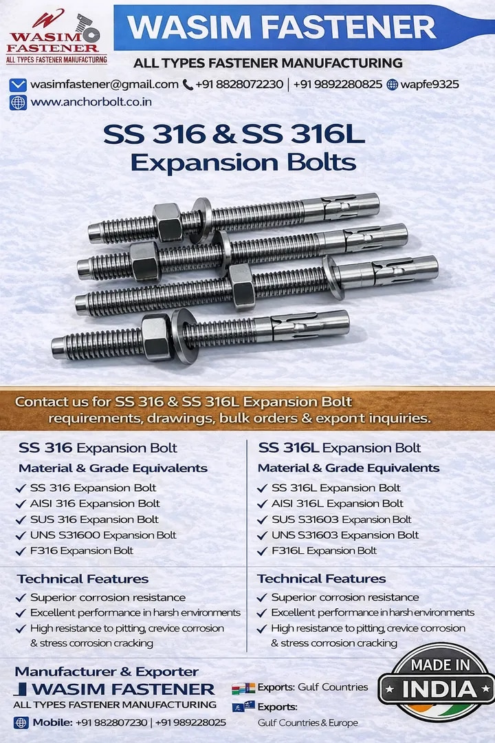 SS 316 Expansion Bolt SS 316L Expansion Bolts Manufacturer | Stainless Steel Anchor & Expansion Fasteners Supplier image 1