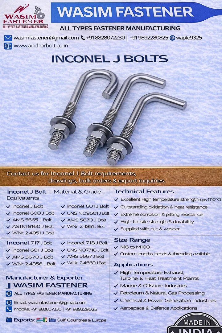 Inconel J Bolts Supplier | Inconel 600, 625, 718 High Strength Anchor Bolts Inconel J Bolts Manufacturer & Exporter | Inconel Anchor & High Temperature J Bolts image 1