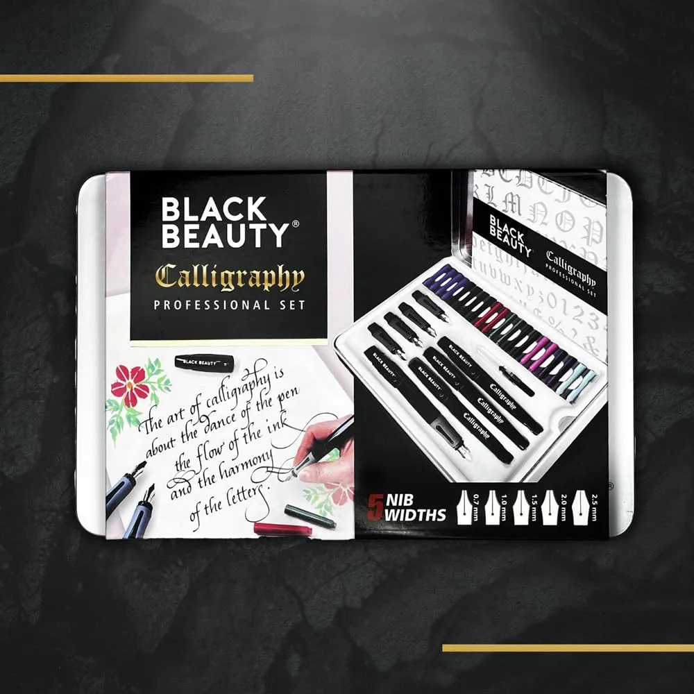 Black Beauty Calligraphy Fountain Pen Set – 4 Pen Bodies, 5 Nibs, 20 Ink Cartridges, 8 Ink Colors – image 1