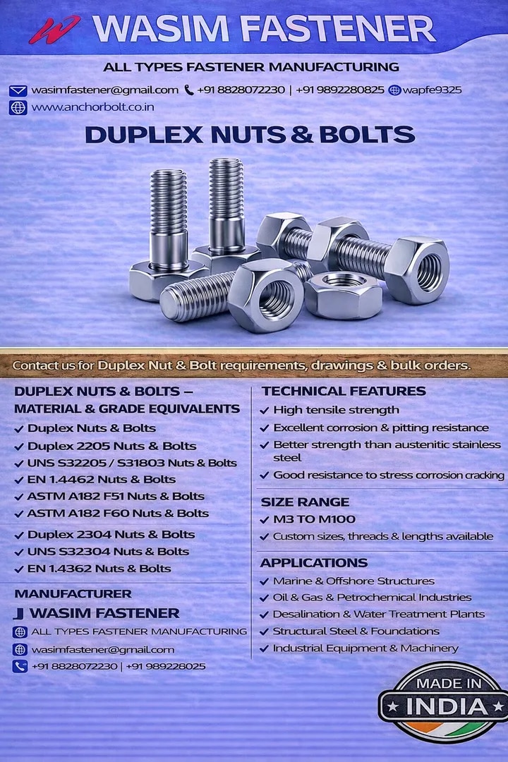 Duplex Nuts & Bolts Manufacturer & Exporter | Duplex 2205, 2304 High Strength Fasteners Duplex Nuts & Bolts Supplier | UNS S32205 / S31803 Fasteners Worldwide image 1