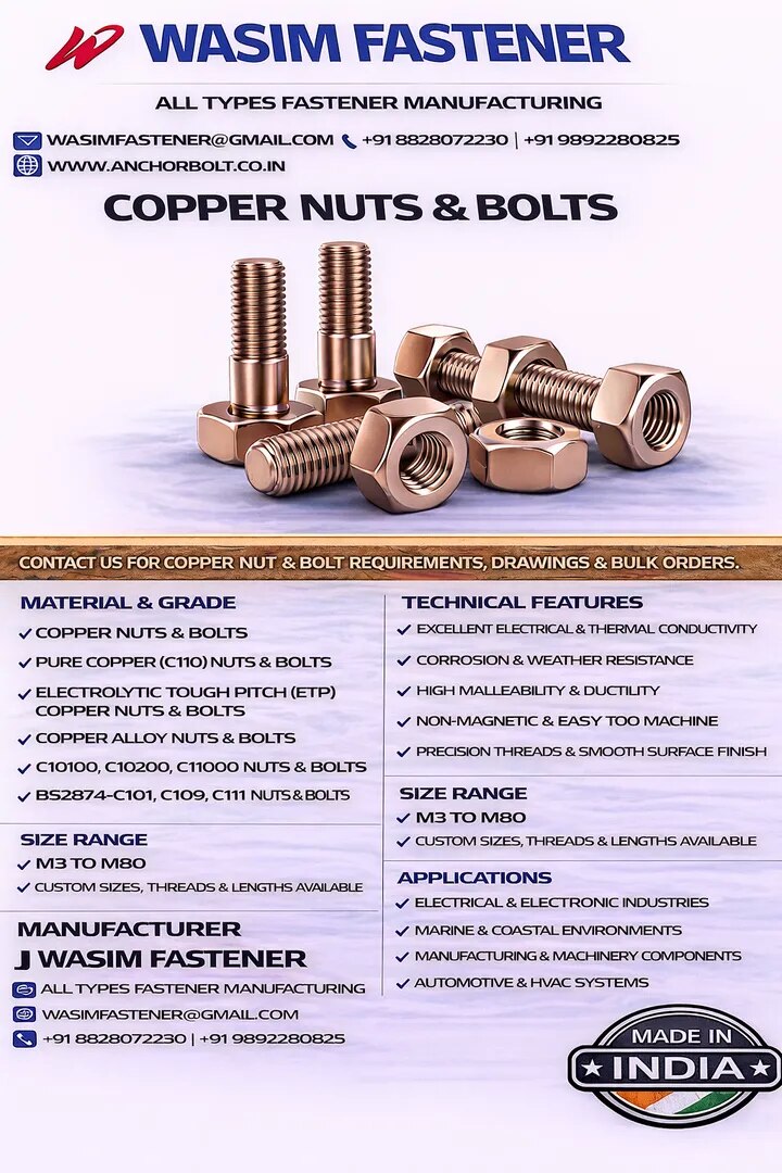 Copper Nuts & Bolts Manufacturer | Pure Copper Fasteners Supplier Worldwide image 1