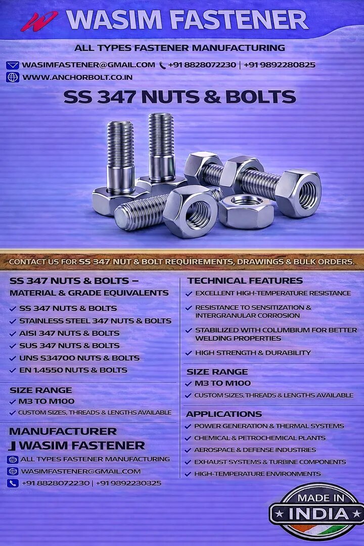 SS 347 Nuts & Bolts Manufacturer & Exporter | Stainless Steel 347 Fasteners Supplier Worldwide image 1