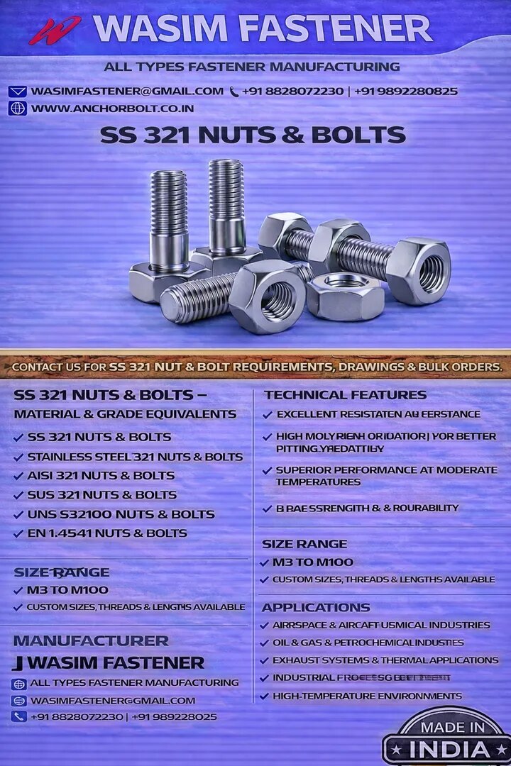 SS 321 Nuts & Bolts Manufacturer & Exporter | Stainless Steel 321 Fasteners Supplier Worldwide image 1
