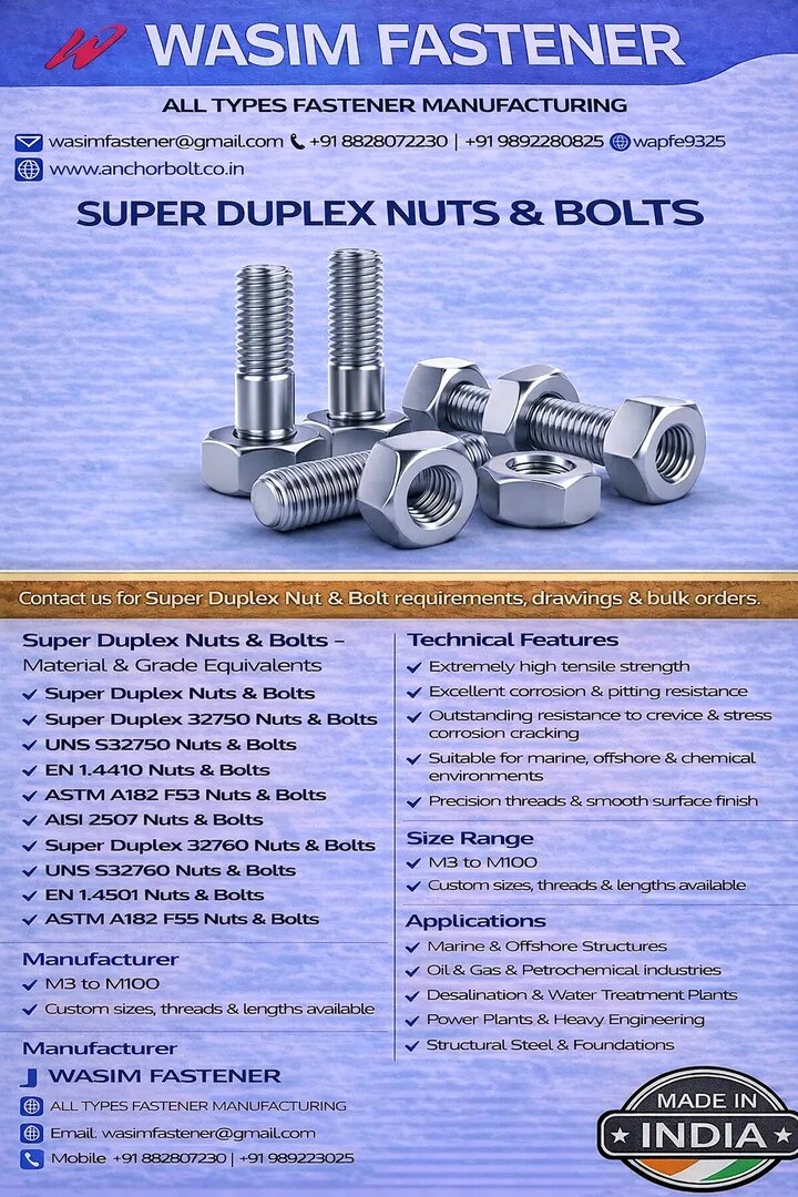 Super Duplex Nuts & Bolts Manufacturer & Exporter | UNS S32750 / S32760 Fasteners Supplier Worldwide image 1