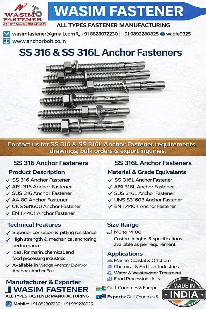 SS 316L Wedge Anchor Bolt Manufacturer & Supplier | Stainless Steel 316L Anchor Bolts Exporter India image 1