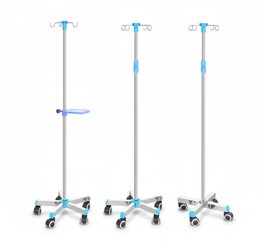 Stainless Steel IV Stand / Saline Stand with Castor Wheels – Adjustable Hospital Drip Stand (4 Hook image 1