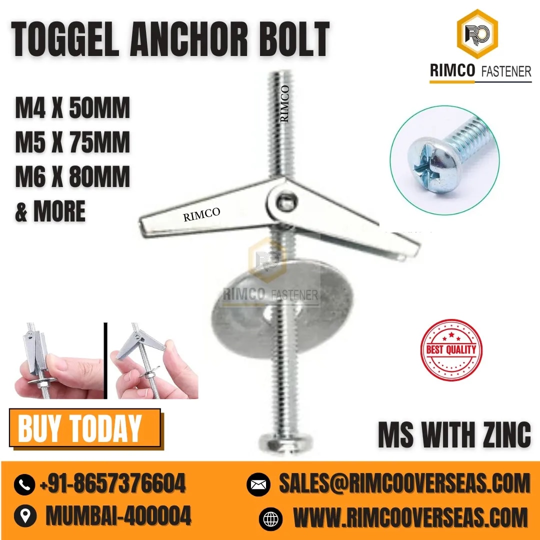 MS ZINC PLATED TOGGLE ANCHOR BOLT M6 X 80MM PACK OF 100 NOS image 1