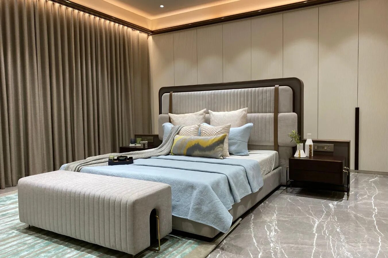 Belt Design Bed Headboard in Upholstered Finish with Matte Polish Back image 1
