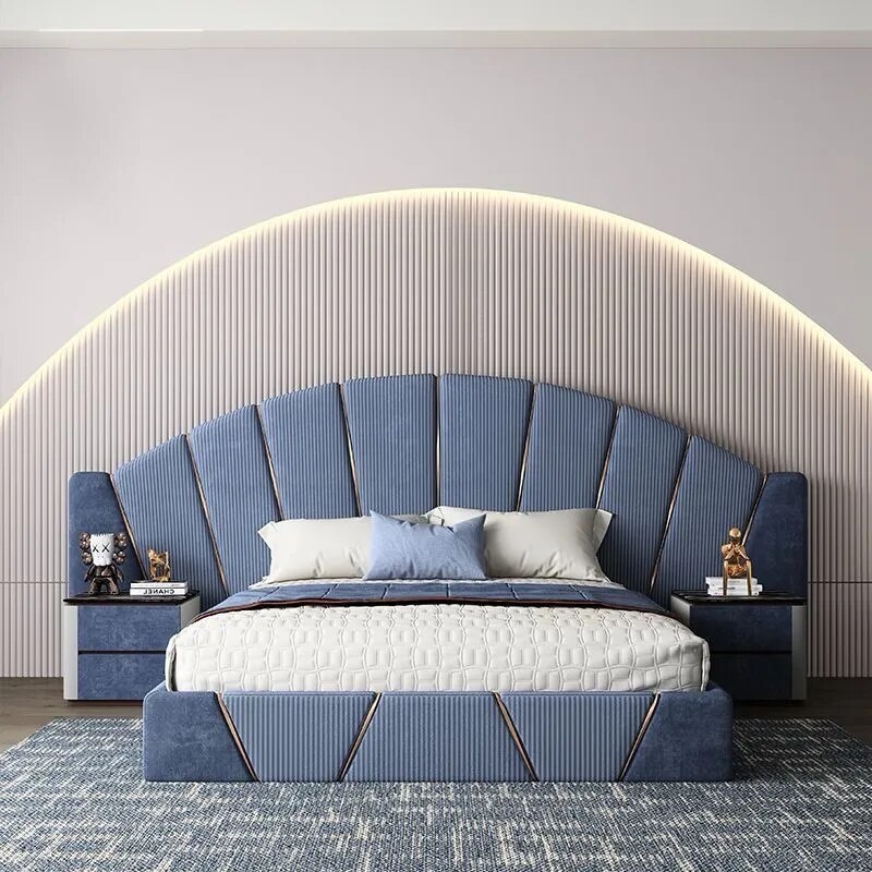 Upholstered bed with metal strip in suede fabric image 1