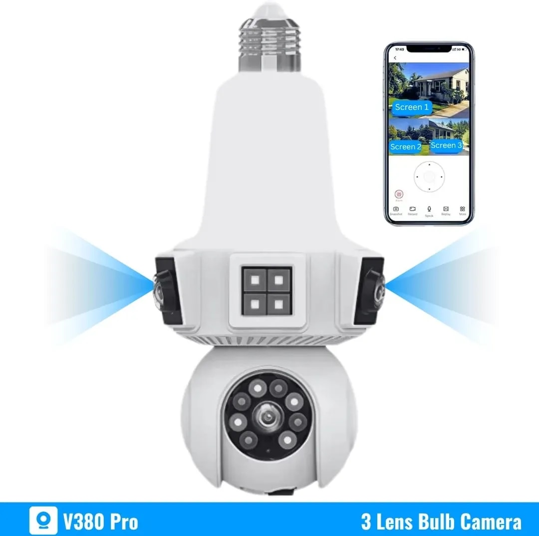 V380 Pro 3 Lens WiFi Bulb CCTV Camera 360° Security Camera with Night Vision & Mobile App Control image 1