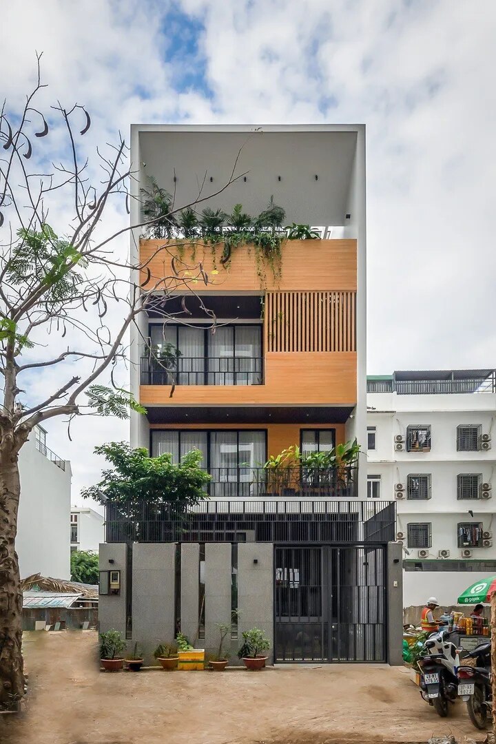 Wooden Cladding & Vertical Louvers Design Elevation image 1