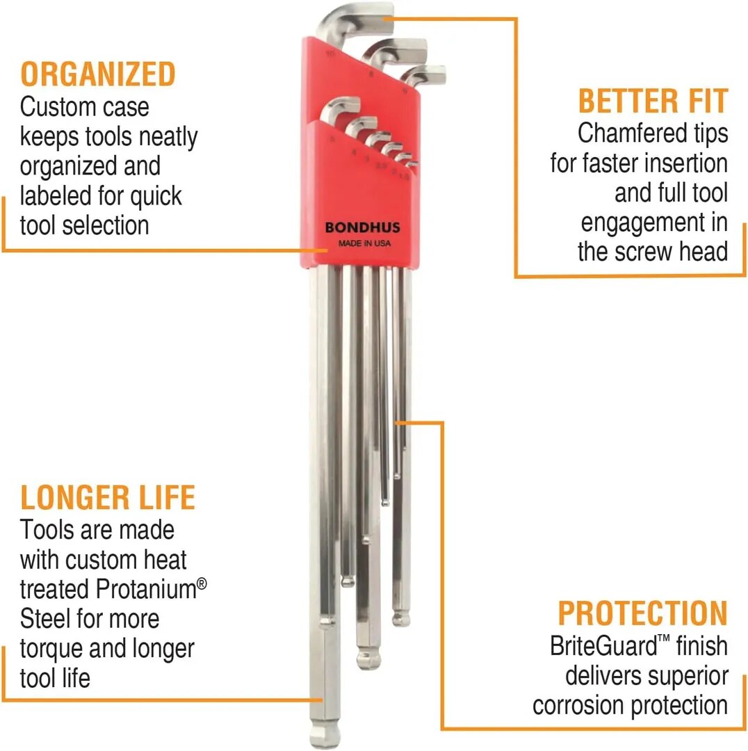 BONDHUS 16799 Set 9 BriteGuard Plated Stubby Ball End L-wrenches 1.5-10mm XL image 1