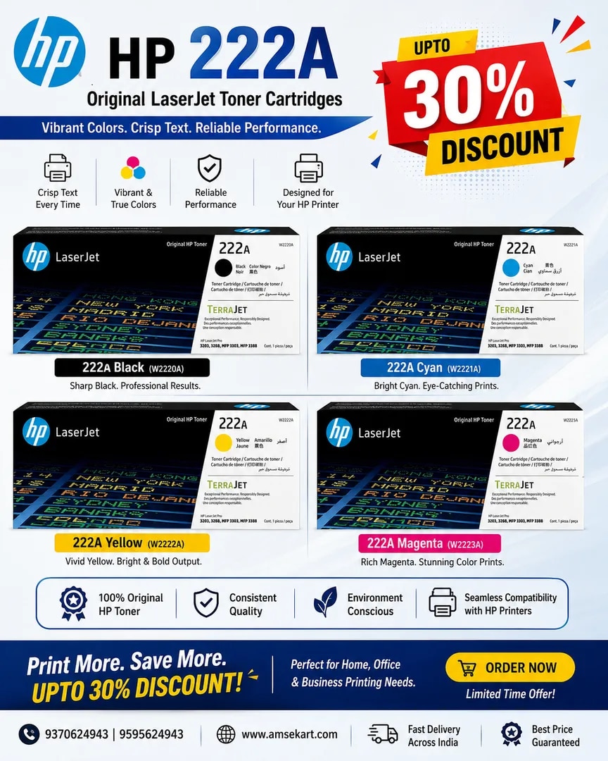 HP 222A Original Toner Cartridge | W2220A, W2221A, W2222A, W2223A | 4 Colour Combo for HP Color LaserJet Pro 3203, 3288, MFP 3303 & MFP 3388 Printers image 1