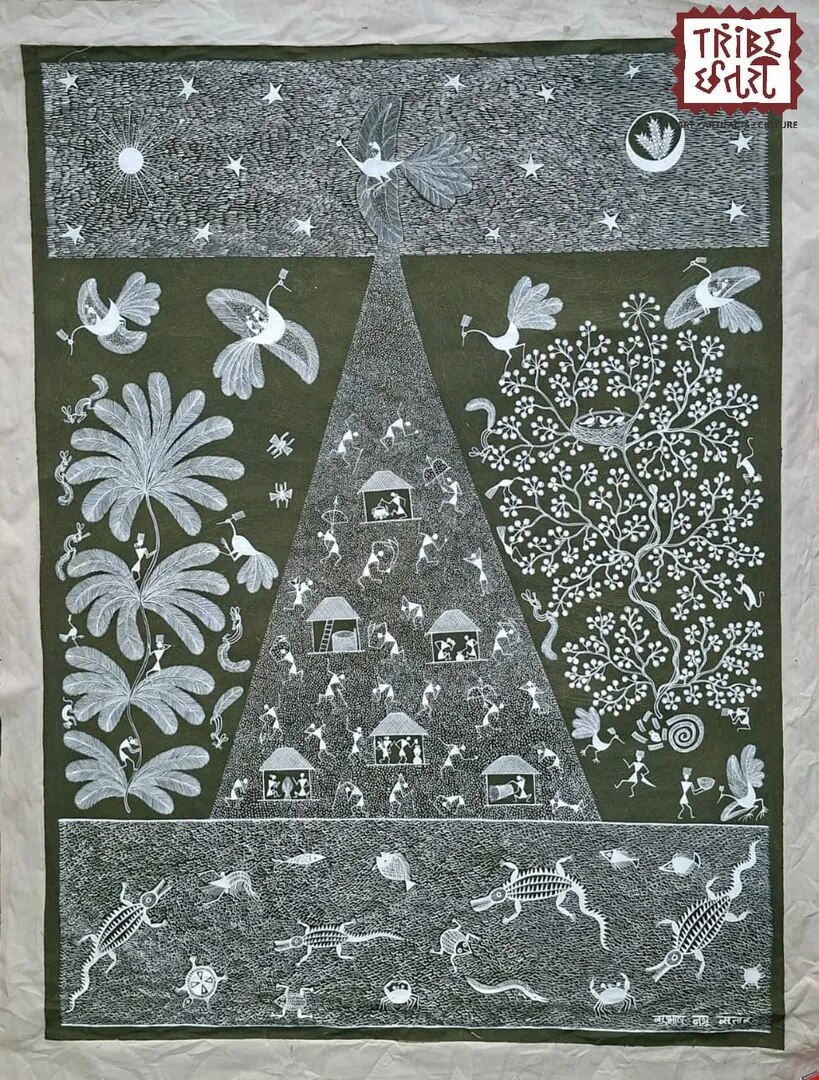 Warli Painting on cloth 27x48" image 1