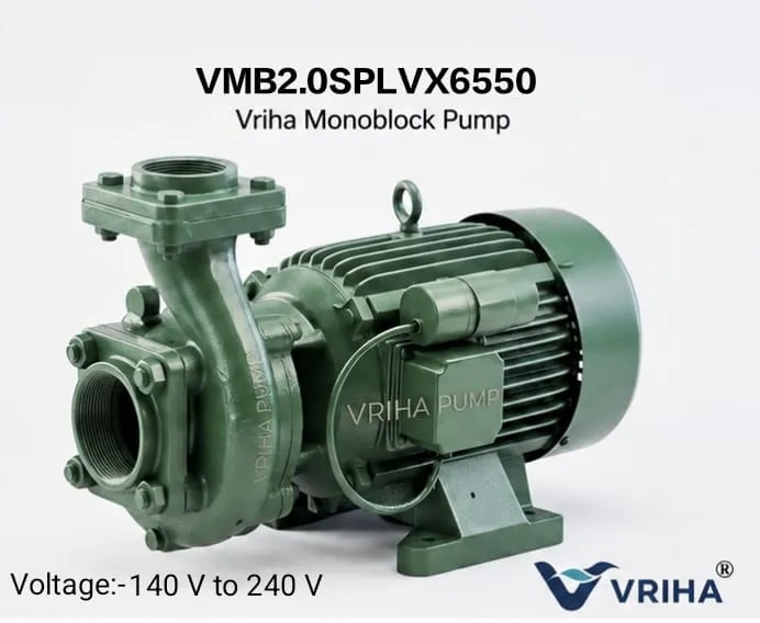 Vriha 2 HP Single Phase Wide Voltage Centrifugal Monoblock Pump 65x50 MM | VMB2.0SPLVX6550 image 1
