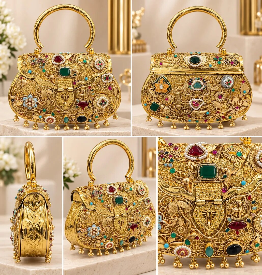 luxury antique-style golden box handbag, designed to look like an ornate piece of Indian jewellery image 1