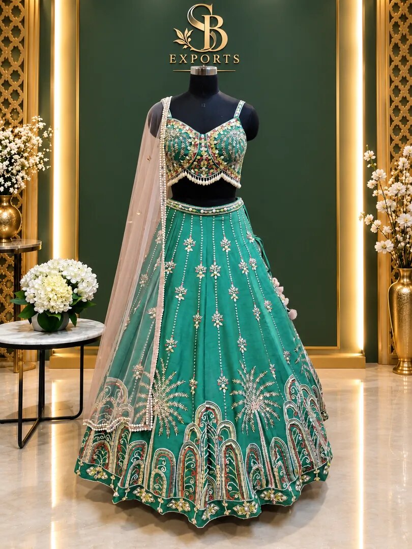 A stunning teal-green bridal/wedding lehenga set featuring an intricately embellished sleeveless blouse, a heavily detailed flared lehenga, and a delicate sheer dupatta. image 1